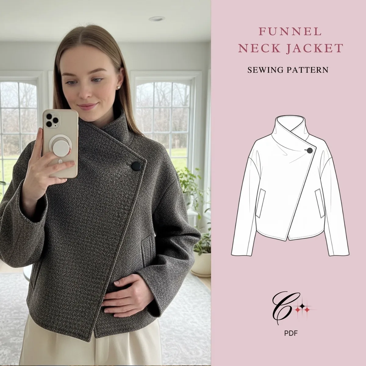 Funnel Neck Quilted Jacket Sewing Pattern — get the full pattern on Etsy